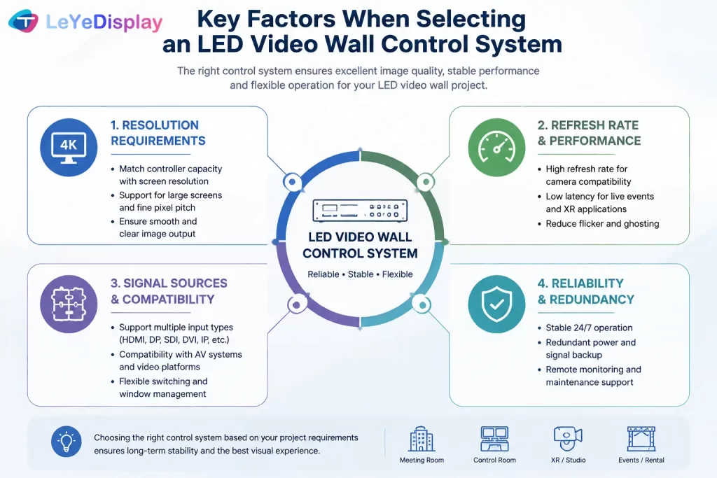Key factors for selecting an LED video wall control system including resolution refresh rate and reliability