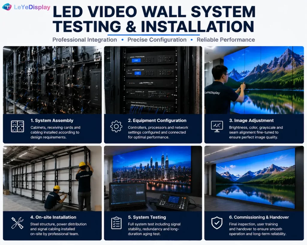 LED video wall system testing and installation during project commissioning
