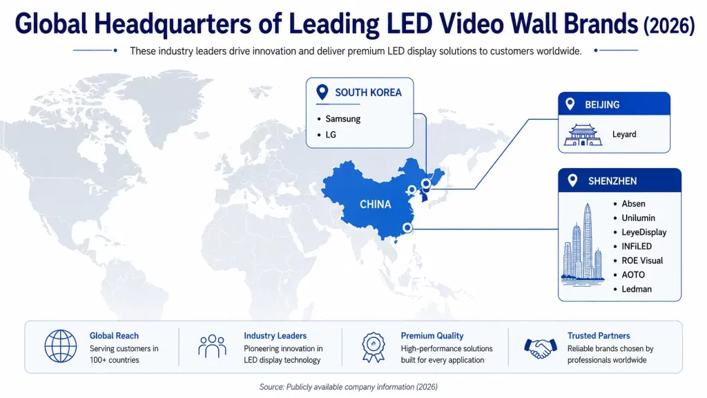 خريطة توزيع عالمية توضح مواقع المقرات الرئيسية لأبرز العلامات التجارية لجدران الفيديو LED في الصين وكوريا الجنوبية.