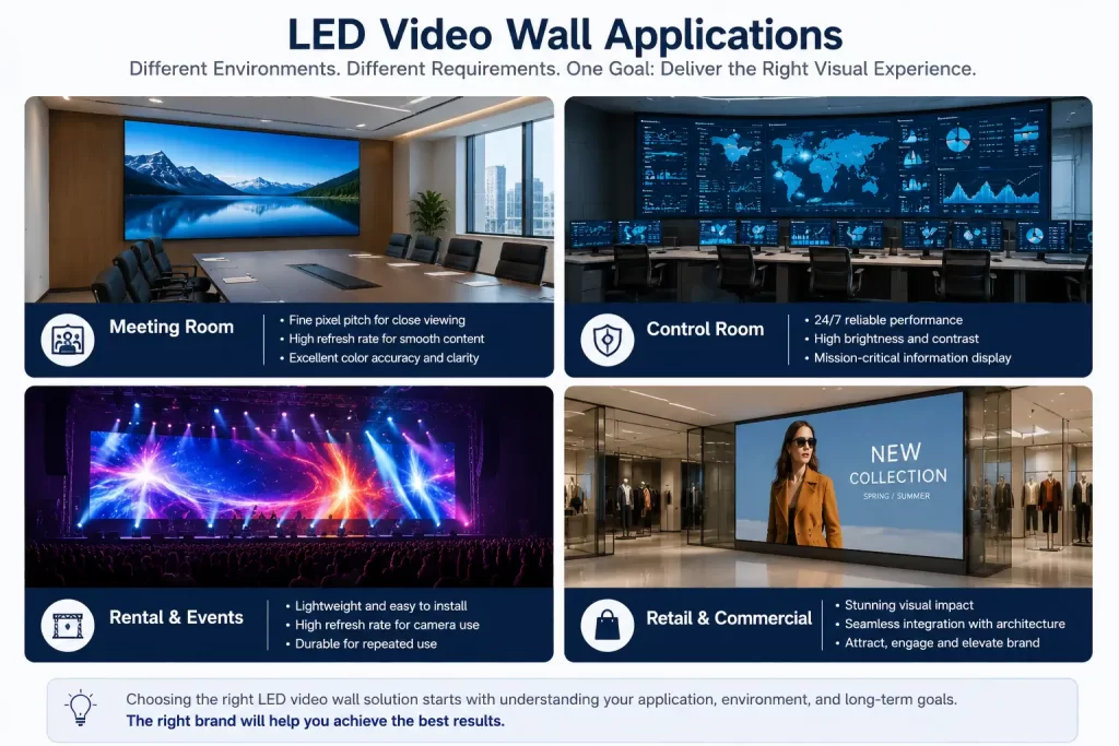 تشمل الاستخدامات الشائعة لجدران الفيديو LED غرف اجتماعات الشركات، وغرف التحكم، وشاشات العرض في متاجر البيع بالتجزئة، والفعاليات التي يتم تأجيرها.