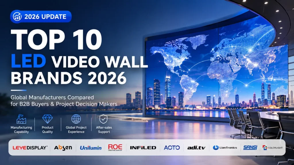 صورة بارزة تُقارن بين أبرز الشركات المصنعة لجدران الفيديو LED على مستوى العالم، موجهة للمشترين من قطاع الأعمال (B2B) ومتخصصي تكامل الأنظمة.