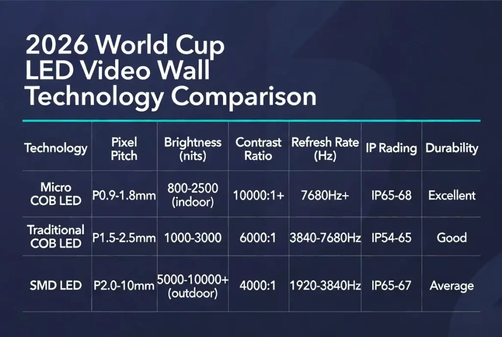 2026 World Cup LED video wall technology comparison chart Micro COB vs traditional