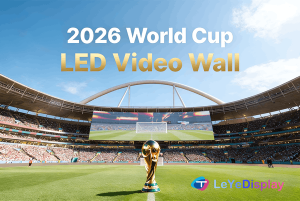 야간에 FIFA 월드컵 트로피가 있는 경기장 내 2026 월드컵 LED 비디오 월