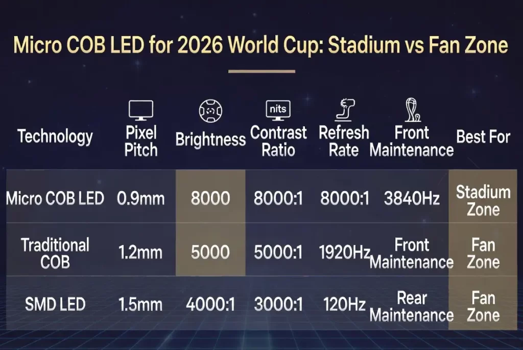 Micro COB LED for 2026 World Cup comparison chart stadium vs fan zone