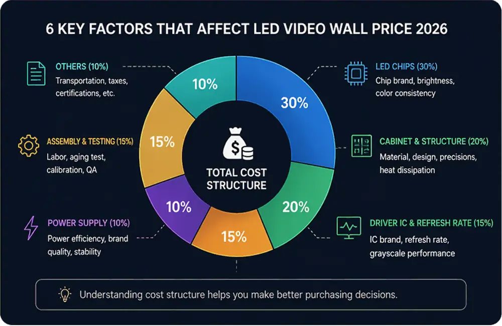 LED video wall price 2026 cost breakdown including LED chips cabinet driver IC power supply and assembly