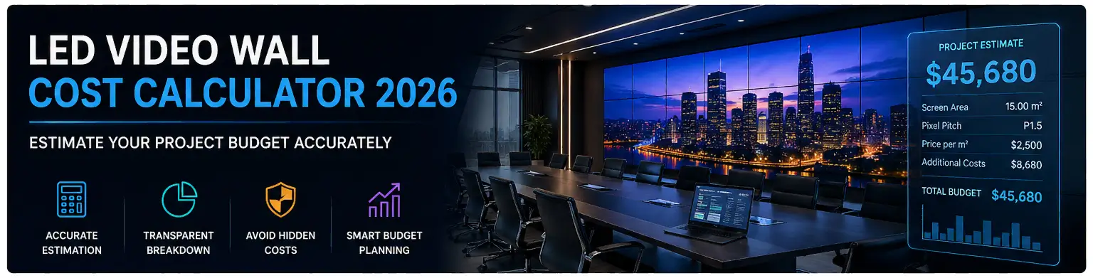 LED video wall cost calculator 2026 cover image showing large LED display and project budget estimation concept