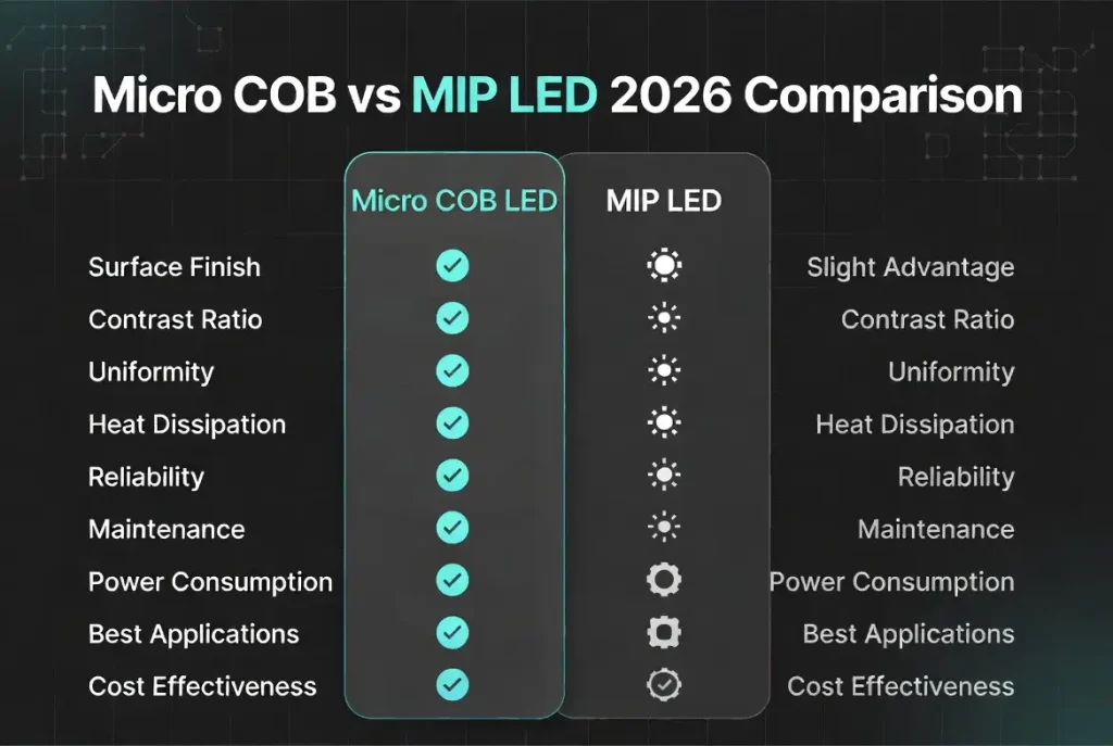 Micro COB vs MIP LED 2026 comparison table – reliability, contrast, maintenance, power consumption