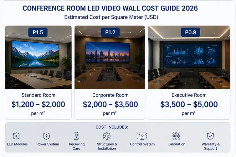 Conference room LED video wall cost guide 2026 showing price range for different pixel pitch configurations