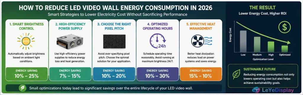 Energy efficient LED video wall solutions 2026 showing methods to reduce electricity consumption and operating cost