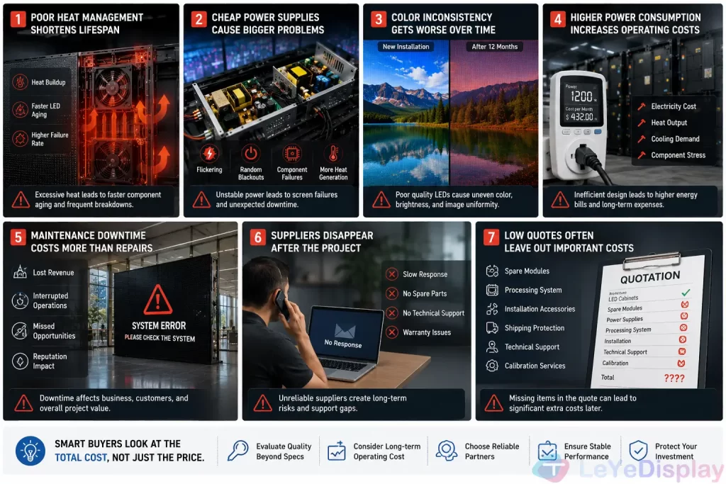 cheap LED wall problems infographic showing hidden costs maintenance and power consumption risks