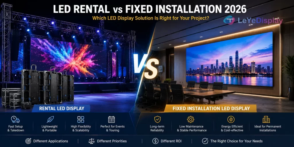 LED rental vs fixed installation 2026 comparison between event LED display and permanent commercial LED video wall