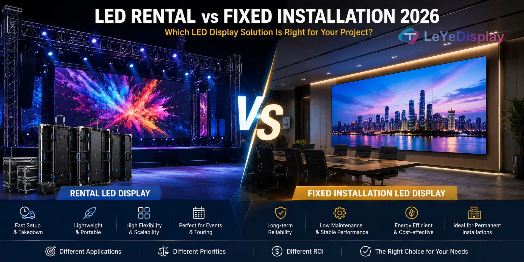 LED rental vs fixed installation 2026 comparison between event LED display and permanent commercial LED video wall