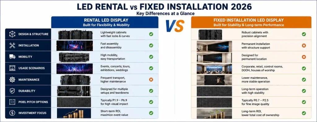LED rental vs fixed installation 2026 comparison chart showing cabinet structure maintenance and installation differences