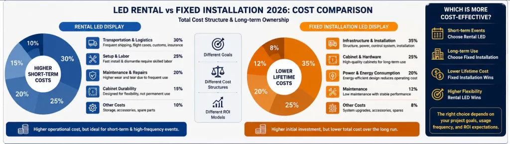 LED rental vs fixed installation 2026 cost comparison including transportation maintenance and long term operating expenses