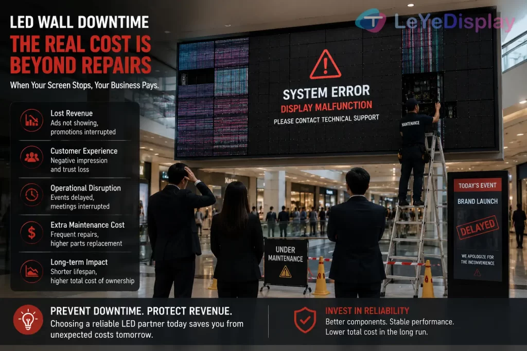 cheap LED wall problems causing commercial LED display downtime and operational interruption