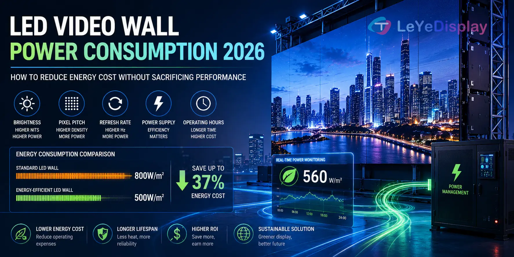 LED video wall power consumption 2026 analysis showing energy efficient commercial LED display systems