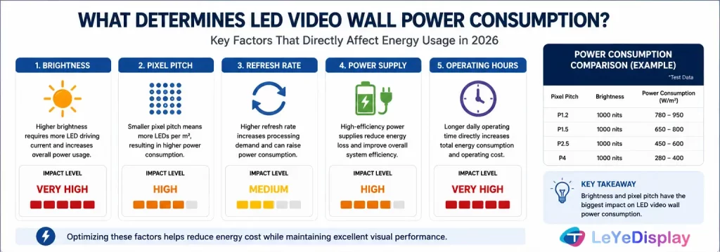 LED video wall power consumption 2026 factors including brightness pixel pitch refresh rate and operating hours