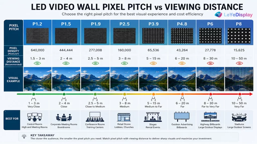 LED video wall pixel pitch and viewing distance comparison chart from P1.2 to P8