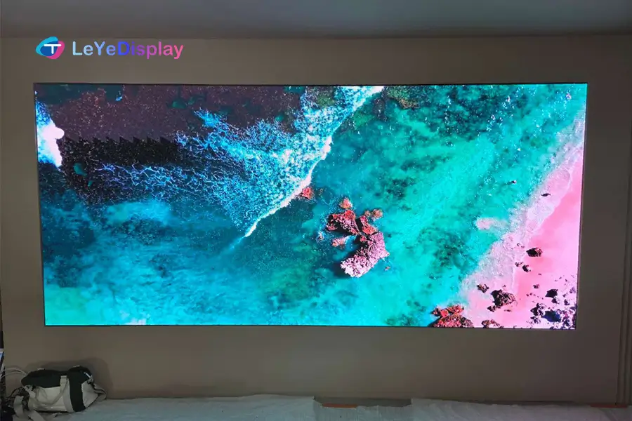 LeYe P1.5 fine-pitch COB LED display screen front view showcasing high-density text clarity and visual comfort