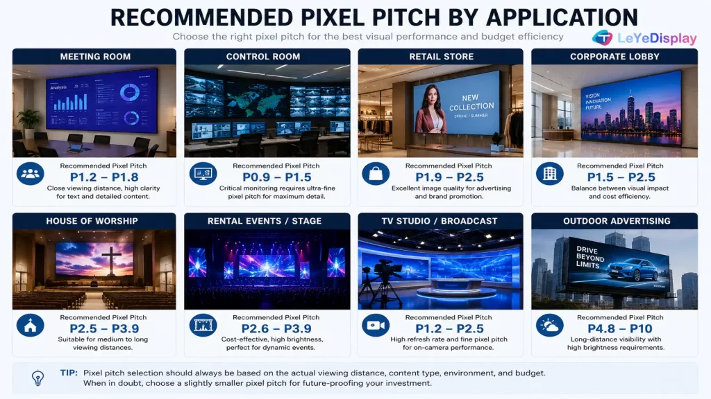 Recommended LED video wall pixel pitch for meeting rooms rental events control rooms and outdoor advertising