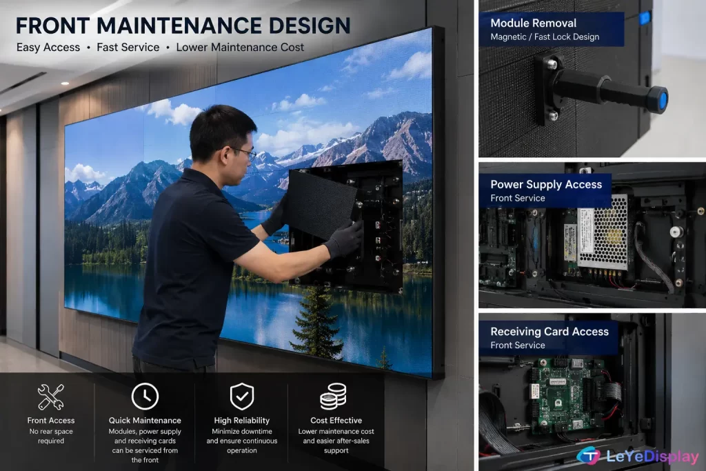 Front maintenance structure of an Indoor LED Video Wall