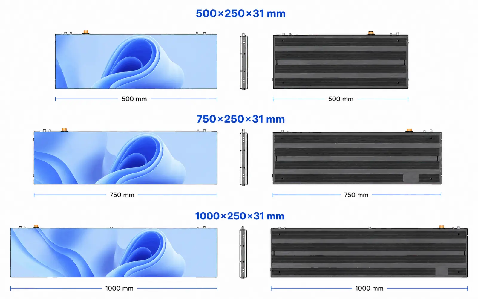 TQC Series LED cabinet sizes – 500×250×31 mm, 750×250×31 mm and 1000×250×31 mm