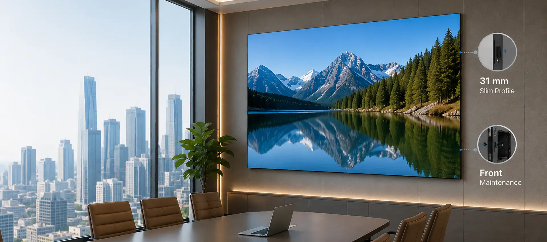 TQC Series ultra-thin LED video wall integrated into a modern commercial interior