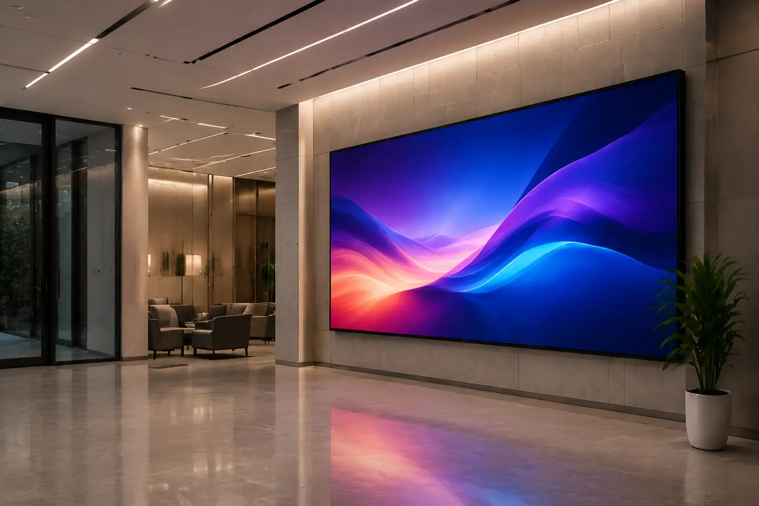 TQM indoor fine pitch LED display in a modern commercial lobby
