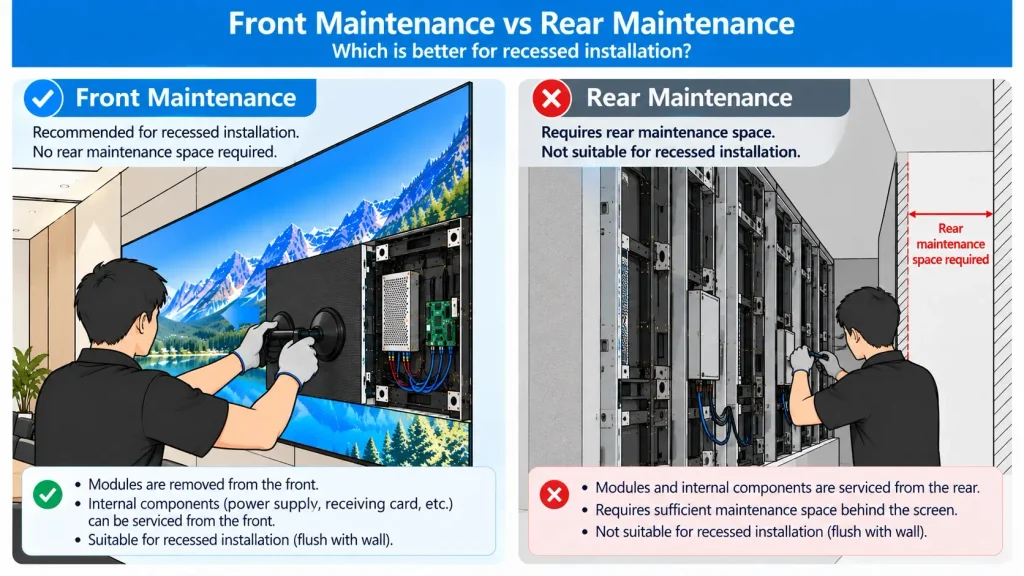 Front vs rear LED display maintenance access comparison