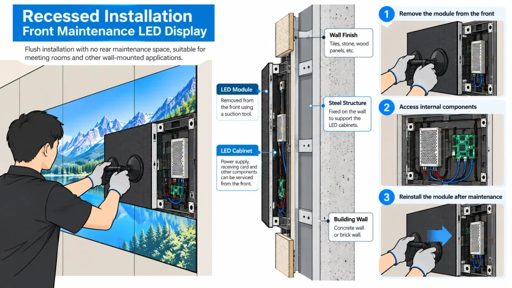 Recessed front maintenance LED display installation structure
