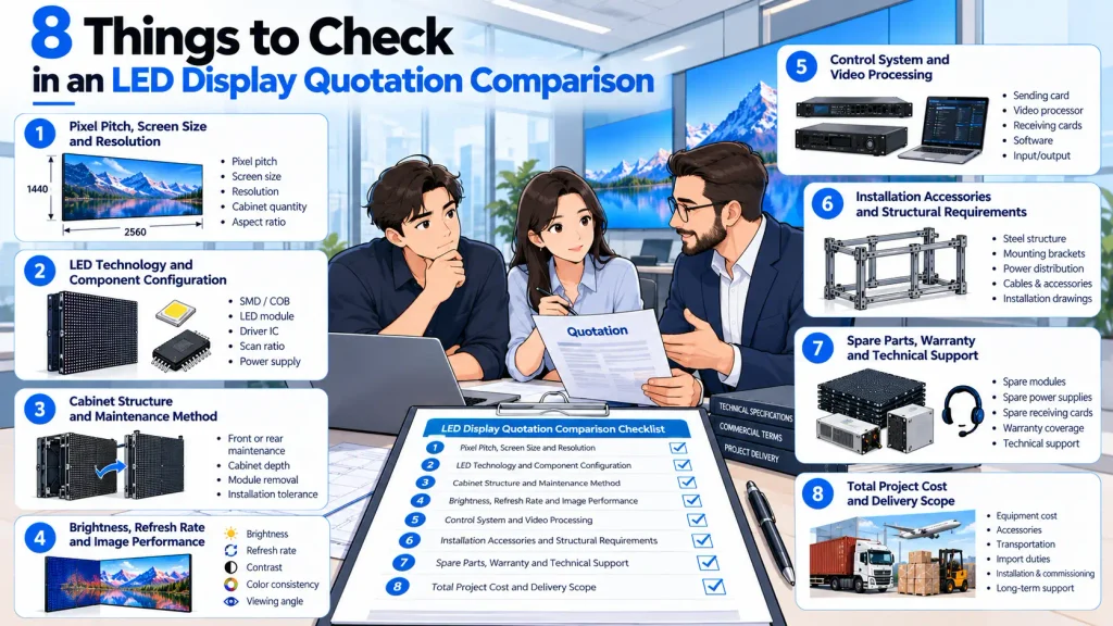 LED display quotation comparison checklist covering eight technical and commercial purchasing factors