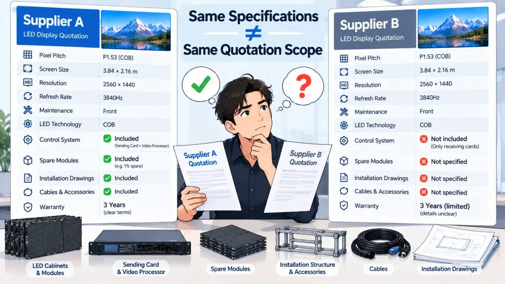 LED display quotation comparison showing differences in control systems, spare parts and installation services