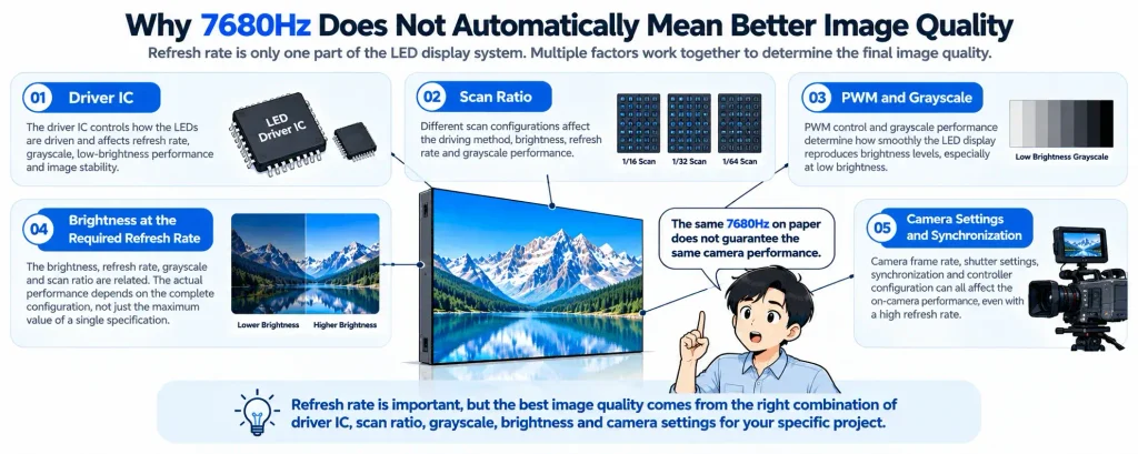 LED display refresh rate image quality factors including driver IC, scan ratio and grayscale