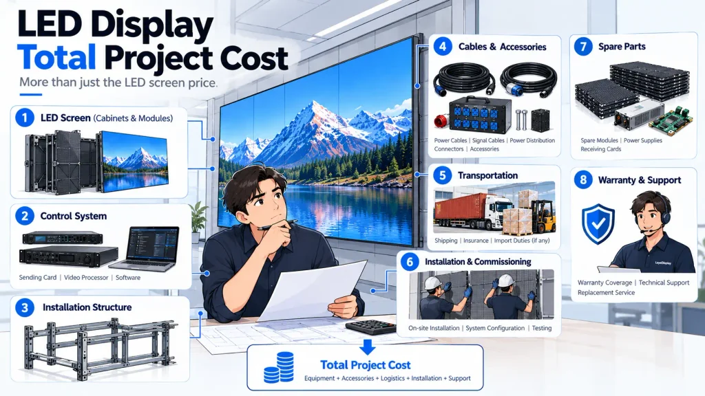 LED display total project cost breakdown including cabinets, controllers, installation, shipping and support
