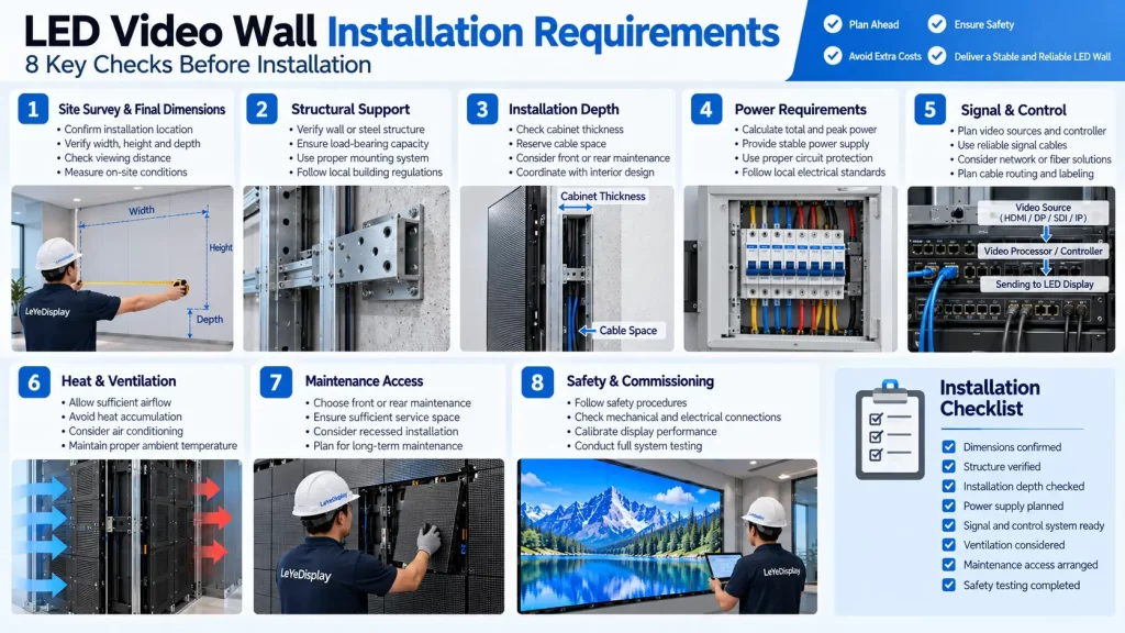 LED video wall installation requirements checklist covering dimensions, structural support, power, signal, ventilation, maintenance and safety