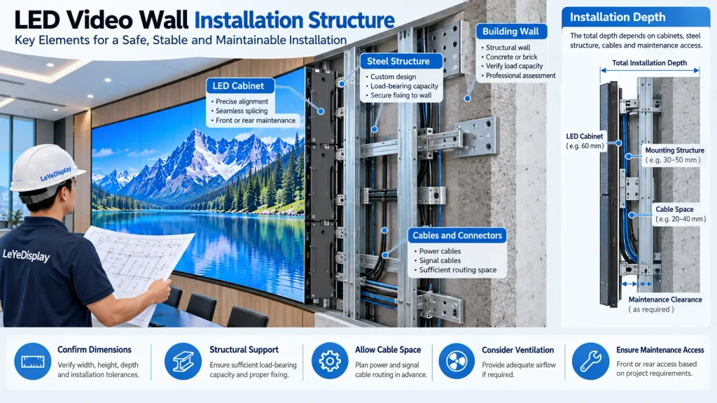 LED video wall installation structure showing LED cabinets, steel mounting frame, building wall and cable clearance
