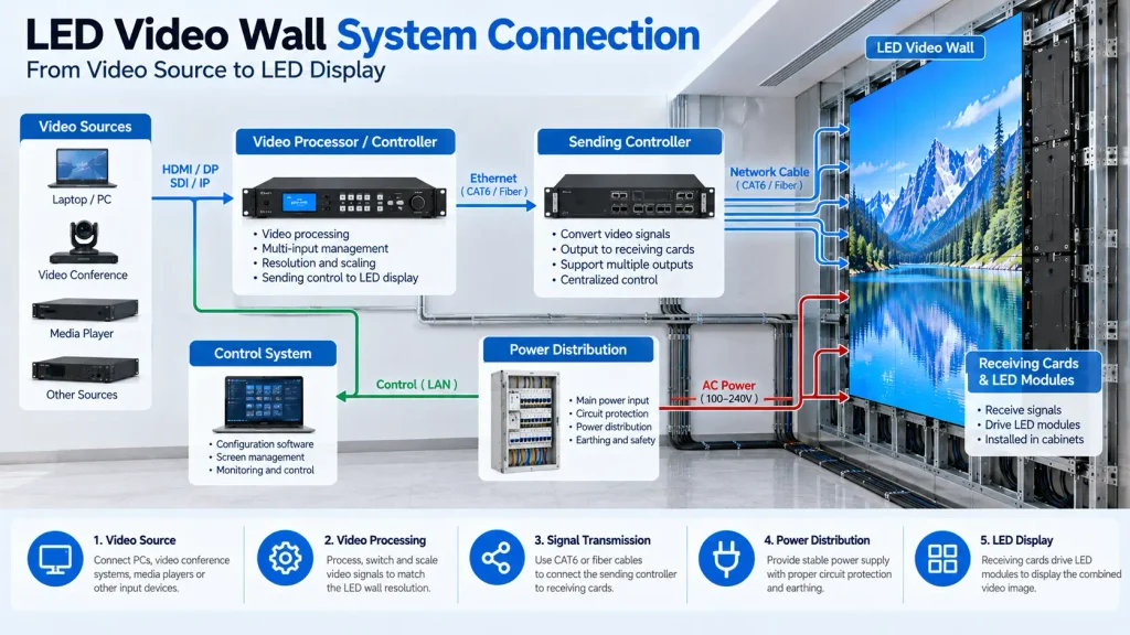 LED video wall system connection diagram showing video sources, processor, sending controller, signal cabling and power distribution